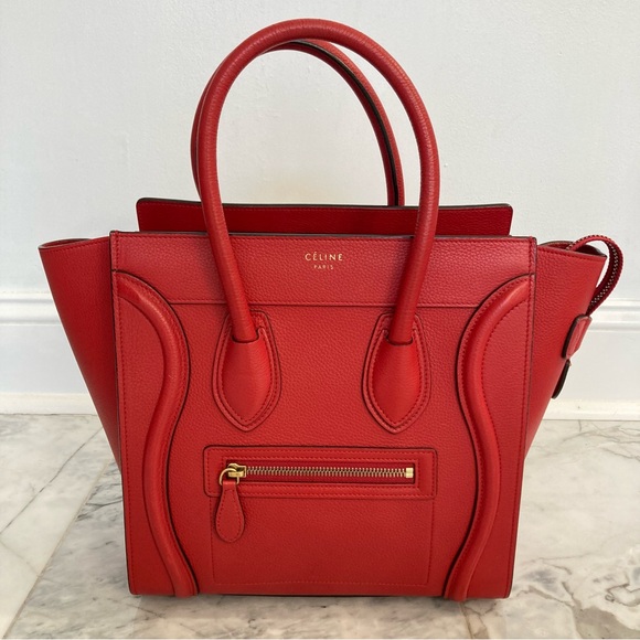 Celine Handbags - CELINE Micro Red Drummed Leather Luggage Tote Handbag
